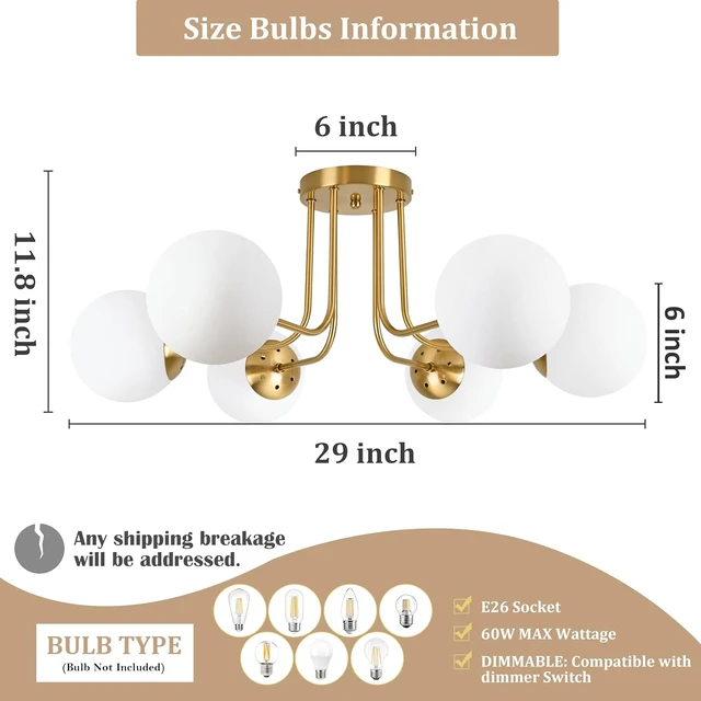 Alt view image 5 of 7 - KoKo&Yukina 6-Light Mid Century Ceiling Light Modern Semi Flush Mount Ceiling Light Fixture Globe Ceiling Light with Milk Glass Shade Brushed Brass Finish for Bedroom Hallway Dining Room Living Room