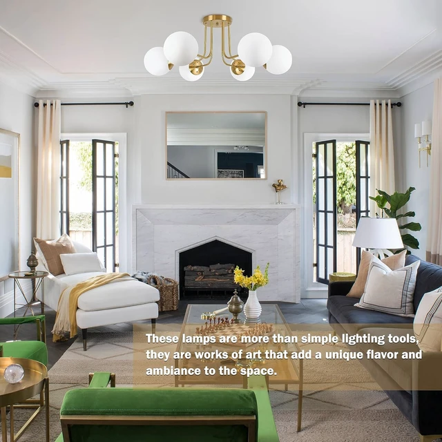 Alt view image 7 of 7 - KoKo&Yukina 6-Light Mid Century Ceiling Light Modern Semi Flush Mount Ceiling Light Fixture Globe Ceiling Light with Milk Glass Shade Brushed Brass Finish for Bedroom Hallway Dining Room Living Room
