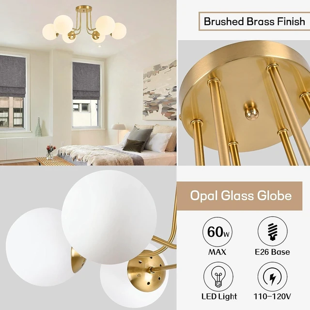 Alt view image 6 of 7 - KoKo&Yukina 6-Light Mid Century Ceiling Light Modern Semi Flush Mount Ceiling Light Fixture Globe Ceiling Light with Milk Glass Shade Brushed Brass Finish for Bedroom Hallway Dining Room Living Room