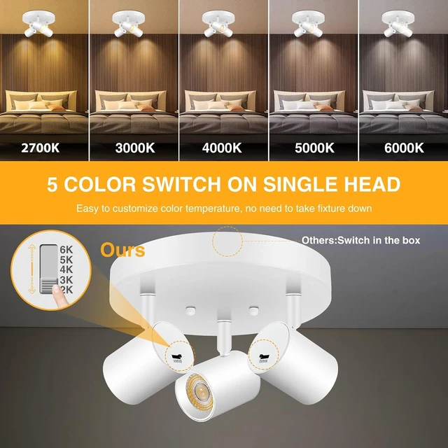 Alt view image 2 of 7 - VANoopee 5 Color 3 Light LED Ceiling Spot Light Indoor Flush Mount Directional Adjustable Spotlight Fixtures Close to Ceiling for Kitchen Hallway Modern LED Track Lighting Kit Dimmable 30W Matte White