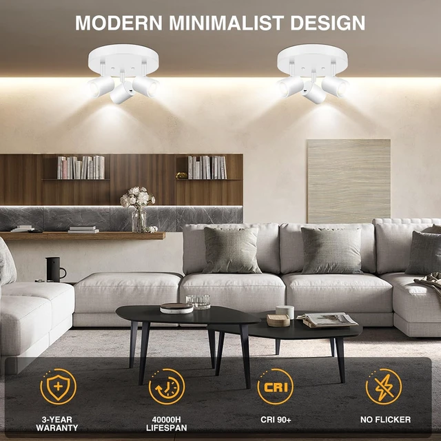 Alt view image 6 of 7 - VANoopee 5 Color 3 Light LED Ceiling Spot Light Indoor Flush Mount Directional Adjustable Spotlight Fixtures Close to Ceiling for Kitchen Hallway Modern LED Track Lighting Kit Dimmable 30W Matte White