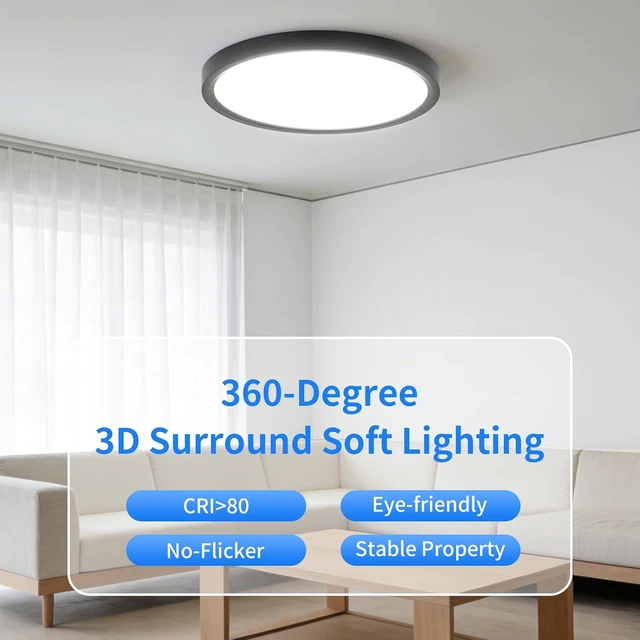 Alt view image 4 of 7 - 24 Inch Large Led Ceiling Light Flush Mount, 55W, 5500LM, 3000K/4000K/6000K CCT Selectable, B Right Close to Ceiling Round Flat Panel Light for Bedroom,Kitchen,Hallway, Black