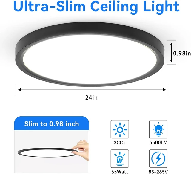 Alt view image 3 of 7 - 24 Inch Large Led Ceiling Light Flush Mount, 55W, 5500LM, 3000K/4000K/6000K CCT Selectable, B Right Close to Ceiling Round Flat Panel Light for Bedroom,Kitchen,Hallway, Black
