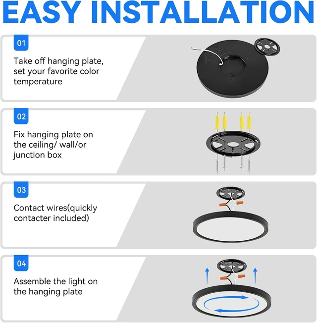 Alt view image 7 of 7 - 24 Inch Large Led Ceiling Light Flush Mount, 55W, 5500LM, 3000K/4000K/6000K CCT Selectable, B Right Close to Ceiling Round Flat Panel Light for Bedroom,Kitchen,Hallway, Black