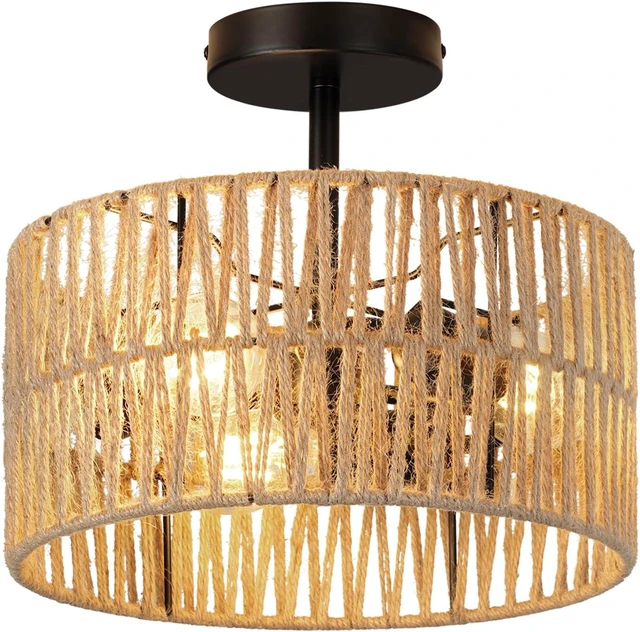 Main image of Boho Semi Flush Mount Ceiling Light Fixture Woven Rope Drum Lamp Natural Rattan Lighting for Bedroom Kitchen Hallway Entryway Closet Rustic Farmhouse Modern Bohemian Light Fixtures