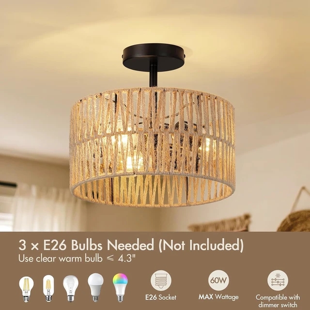 Alt view image 3 of 7 - Boho Semi Flush Mount Ceiling Light Fixture Woven Rope Drum Lamp Natural Rattan Lighting for Bedroom Kitchen Hallway Entryway Closet Rustic Farmhouse Modern Bohemian Light Fixtures