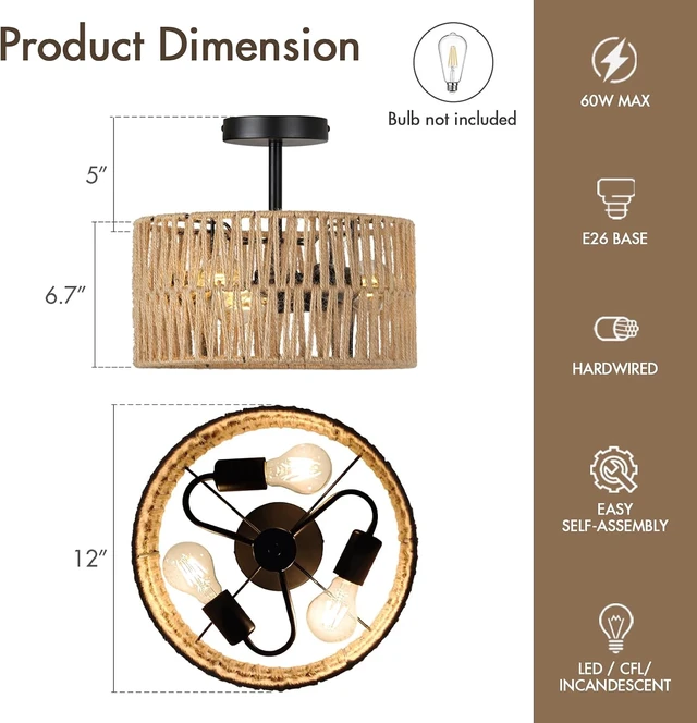 Alt view image 2 of 7 - Boho Semi Flush Mount Ceiling Light Fixture Woven Rope Drum Lamp Natural Rattan Lighting for Bedroom Kitchen Hallway Entryway Closet Rustic Farmhouse Modern Bohemian Light Fixtures