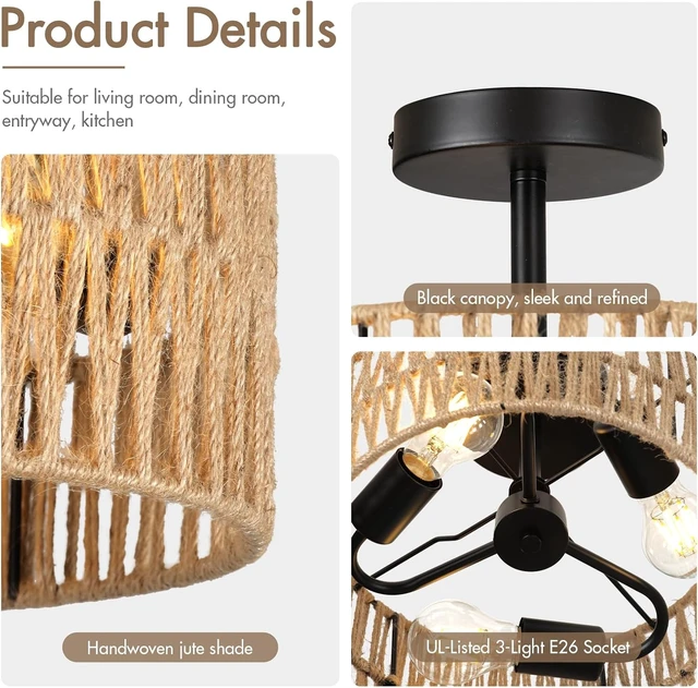 Alt view image 4 of 7 - Boho Semi Flush Mount Ceiling Light Fixture Woven Rope Drum Lamp Natural Rattan Lighting for Bedroom Kitchen Hallway Entryway Closet Rustic Farmhouse Modern Bohemian Light Fixtures