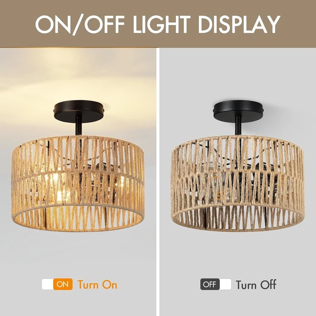 Alt view image 5 of 7 - Boho Semi Flush Mount Ceiling Light Fixture Woven Rope Drum Lamp Natural Rattan Lighting for Bedroom Kitchen Hallway Entryway Closet Rustic Farmhouse Modern Bohemian Light Fixtures