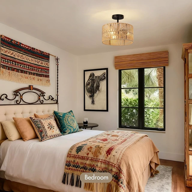 Alt view image 7 of 7 - Boho Semi Flush Mount Ceiling Light Fixture Woven Rope Drum Lamp Natural Rattan Lighting for Bedroom Kitchen Hallway Entryway Closet Rustic Farmhouse Modern Bohemian Light Fixtures