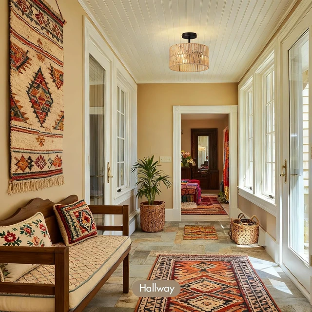 Alt view image 6 of 7 - Boho Semi Flush Mount Ceiling Light Fixture Woven Rope Drum Lamp Natural Rattan Lighting for Bedroom Kitchen Hallway Entryway Closet Rustic Farmhouse Modern Bohemian Light Fixtures