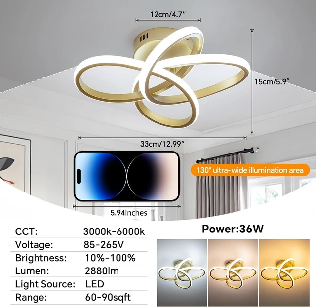 Alt view image 3 of 7 - Modern Ceiling Light, 36W LED Dimmable Ceiling Light with Remote Control, Color Temperature Changing, Gold Small Chandelier for Bedroom, Entryway, Hallway, Kitchen