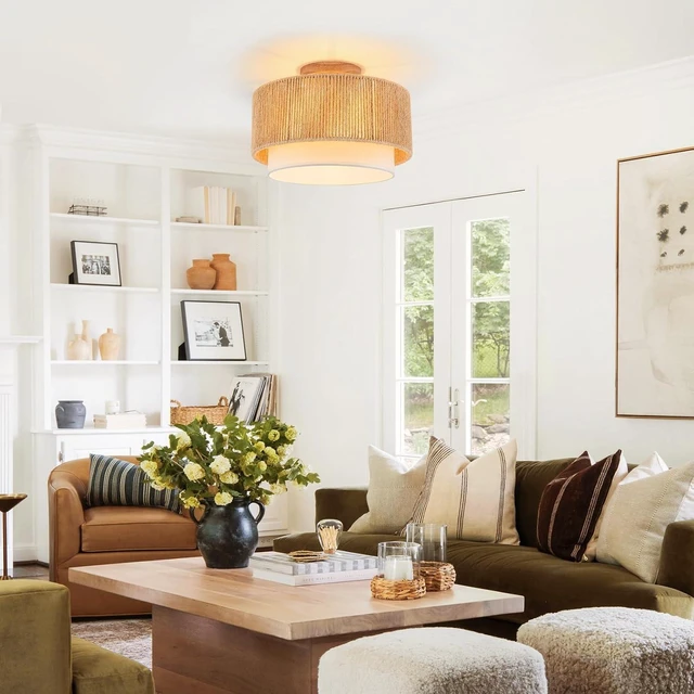 Alt view image 2 of 7 - SineRise 12'' Rattan Flush Mount Ceiling Light Fixture,2-Tier Drum Hand-Woven Boho Flush Mount Ceiling Light,Farmhouse Light Fixture for Living Room,Kitchen,Bedroom Foyer Entryway ect.