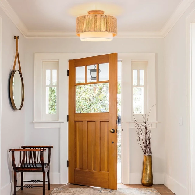 Alt view image 3 of 7 - SineRise 12'' Rattan Flush Mount Ceiling Light Fixture,2-Tier Drum Hand-Woven Boho Flush Mount Ceiling Light,Farmhouse Light Fixture for Living Room,Kitchen,Bedroom Foyer Entryway ect.