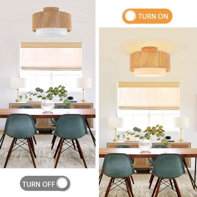 Alt view image 5 of 7 - SineRise 12'' Rattan Flush Mount Ceiling Light Fixture,2-Tier Drum Hand-Woven Boho Flush Mount Ceiling Light,Farmhouse Light Fixture for Living Room,Kitchen,Bedroom Foyer Entryway ect.