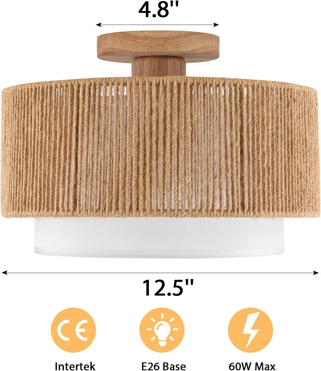 Alt view image 7 of 7 - SineRise 12'' Rattan Flush Mount Ceiling Light Fixture,2-Tier Drum Hand-Woven Boho Flush Mount Ceiling Light,Farmhouse Light Fixture for Living Room,Kitchen,Bedroom Foyer Entryway ect.