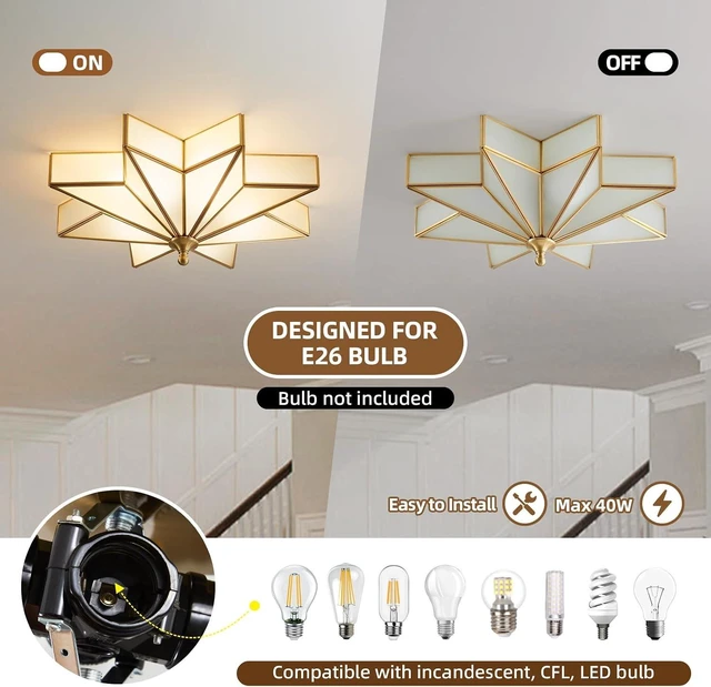 Alt view image 4 of 7 - Star Brass Ceiling Light - 19.7 In Large Gold Milk Glass Flush Mount