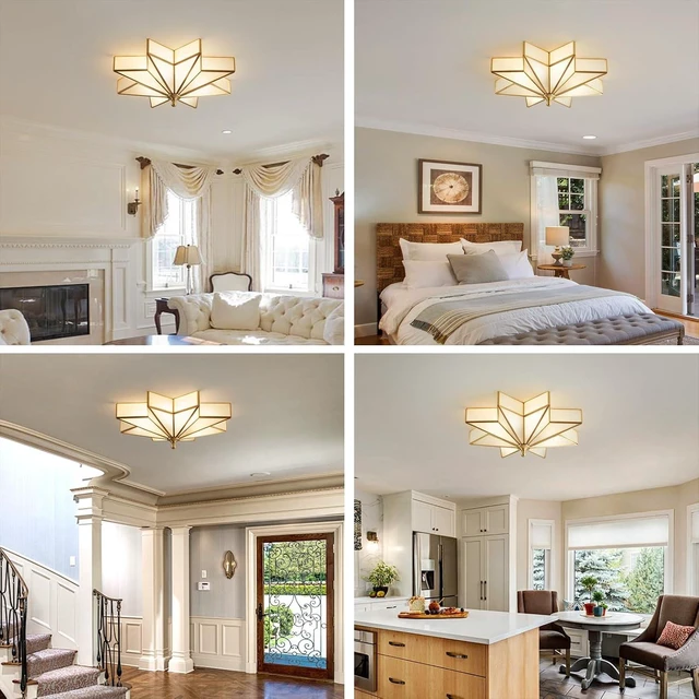 Alt view image 6 of 7 - Star Brass Ceiling Light - 19.7 In Large Gold Milk Glass Flush Mount
