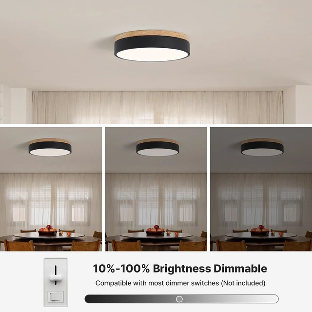 Alt view image 6 of 7 - 12" Minimalist Black and Wood LED Flush Mount Ceiling Light Fixture