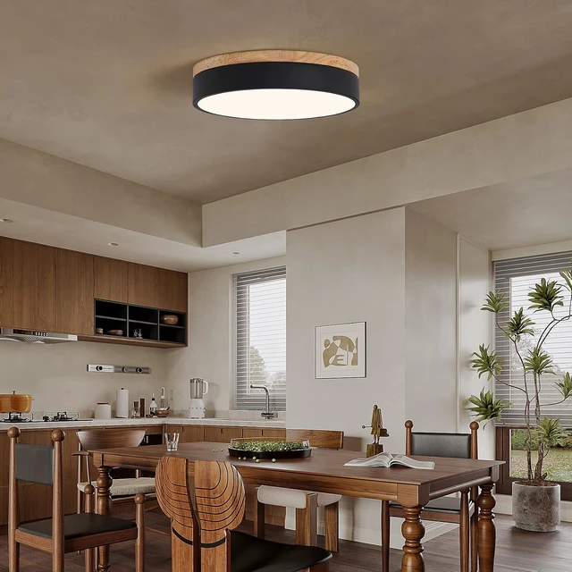 Alt view image 2 of 7 - 12" Minimalist Black and Wood LED Flush Mount Ceiling Light Fixture