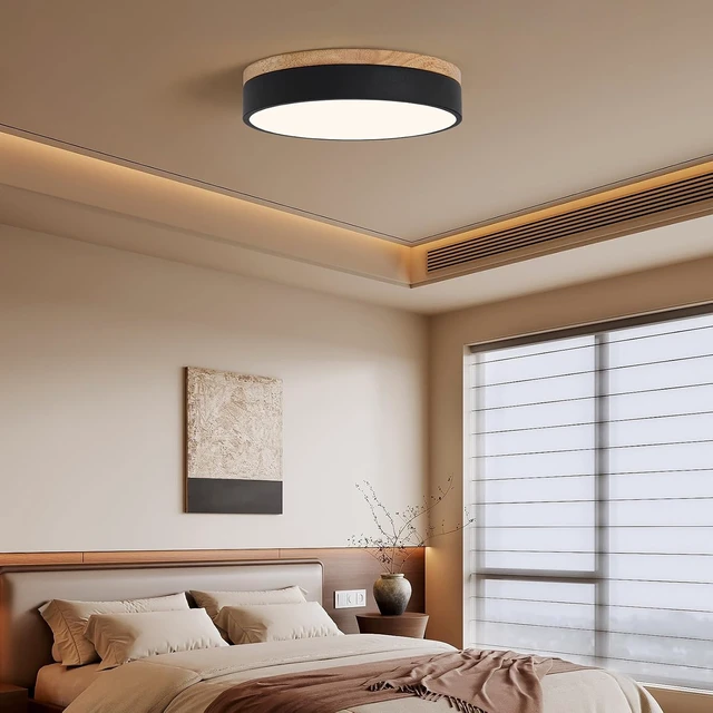 Alt view image 7 of 7 - 12" Minimalist Black and Wood LED Flush Mount Ceiling Light Fixture