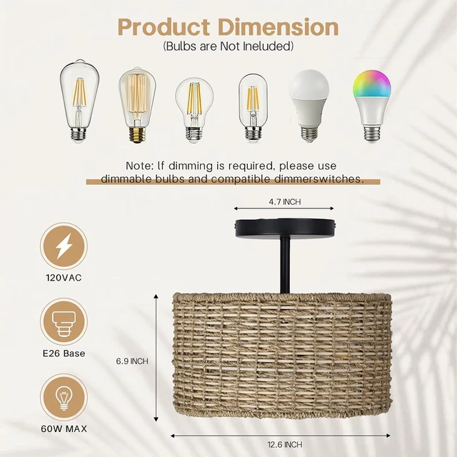 Alt view image 2 of 7 - Boho Rattan Ceiling Light, 12.6", 3-Light Semi Flush Mount