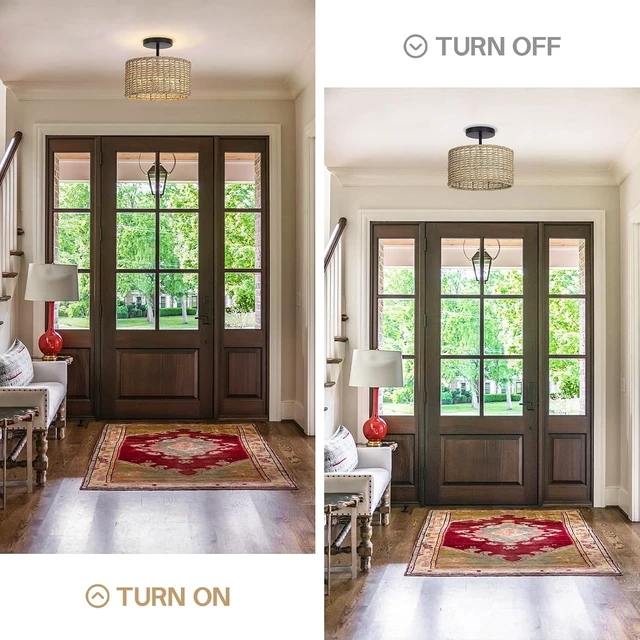 Alt view image 4 of 7 - Boho Rattan Ceiling Light, 12.6", 3-Light Semi Flush Mount