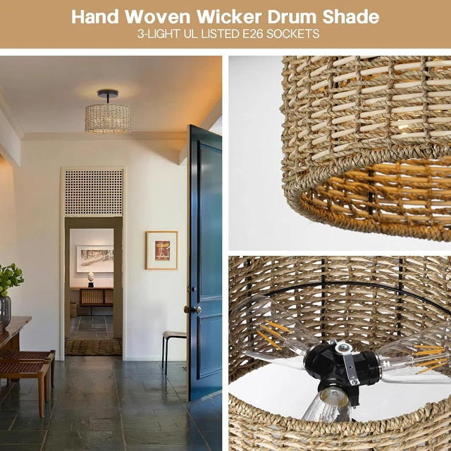 Alt view image 3 of 7 - Boho Rattan Ceiling Light, 12.6", 3-Light Semi Flush Mount