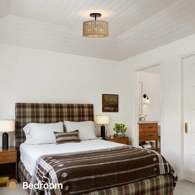 Alt view image 6 of 7 - Boho Rattan Ceiling Light, 12.6", 3-Light Semi Flush Mount