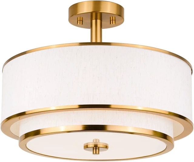 Main image of Edwarmlux 3-Light Semi Flush Mount Ceiling Light, 16" Drum Light with White Fabric Shade, Modern Close to Ceiling Lamp for Living Room Bedroom Dining Kitchen Hallway Entry (Brushed Gold)