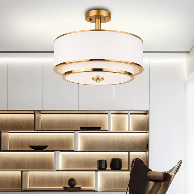 Alt view image 2 of 7 - Edwarmlux 3-Light Semi Flush Mount Ceiling Light, 16" Drum Light with White Fabric Shade, Modern Close to Ceiling Lamp for Living Room Bedroom Dining Kitchen Hallway Entry (Brushed Gold)