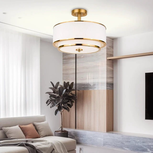 Alt view image 3 of 7 - Edwarmlux 3-Light Semi Flush Mount Ceiling Light, 16" Drum Light with White Fabric Shade, Modern Close to Ceiling Lamp for Living Room Bedroom Dining Kitchen Hallway Entry (Brushed Gold)