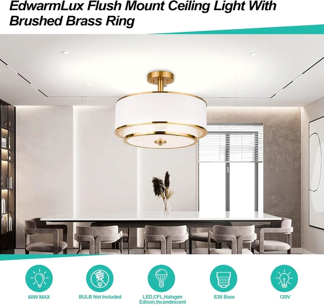 Alt view image 4 of 7 - Edwarmlux 3-Light Semi Flush Mount Ceiling Light, 16" Drum Light with White Fabric Shade, Modern Close to Ceiling Lamp for Living Room Bedroom Dining Kitchen Hallway Entry (Brushed Gold)