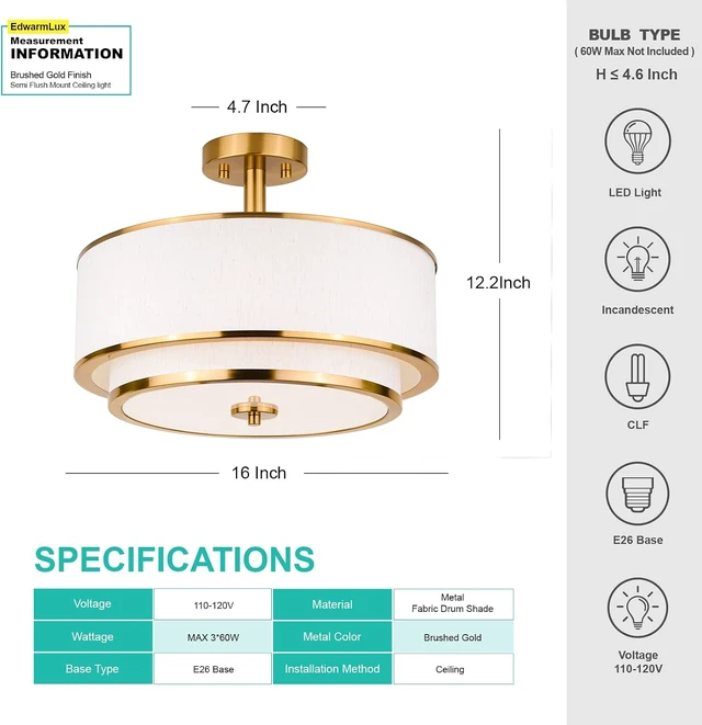 Alt view image 5 of 7 - Edwarmlux 3-Light Semi Flush Mount Ceiling Light, 16" Drum Light with White Fabric Shade, Modern Close to Ceiling Lamp for Living Room Bedroom Dining Kitchen Hallway Entry (Brushed Gold)