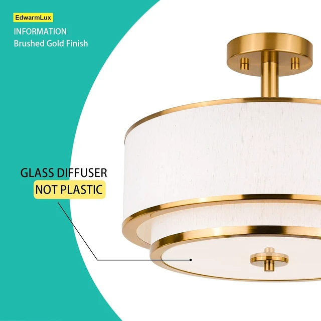 Alt view image 6 of 7 - Edwarmlux 3-Light Semi Flush Mount Ceiling Light, 16" Drum Light with White Fabric Shade, Modern Close to Ceiling Lamp for Living Room Bedroom Dining Kitchen Hallway Entry (Brushed Gold)