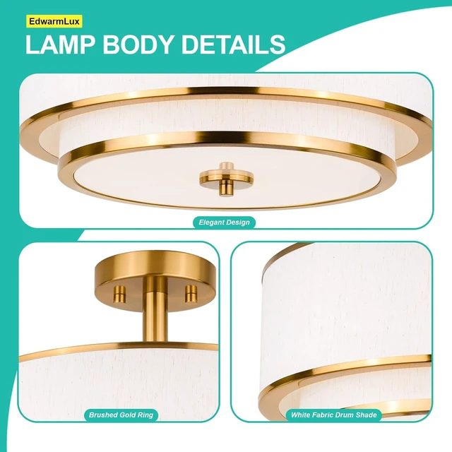 Alt view image 7 of 7 - Edwarmlux 3-Light Semi Flush Mount Ceiling Light, 16" Drum Light with White Fabric Shade, Modern Close to Ceiling Lamp for Living Room Bedroom Dining Kitchen Hallway Entry (Brushed Gold)