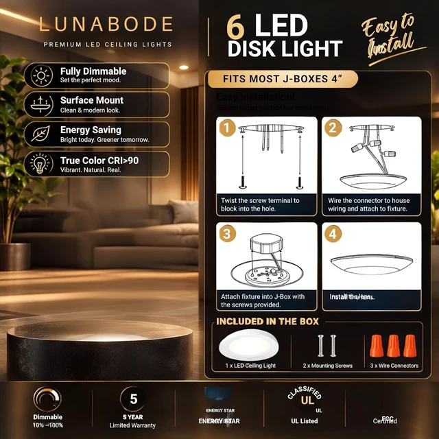 Alt view image 6 of 7 - 7.5 Inch Flush Mount Ceiling Light Fixture (6 Pack) - 16.5W, 1500Lm, 120V, 6000K Modern Kitchen Recessed Ceiling Lamp | Wet Location Dimmable LED Light | ETL, 4/6" J-Box