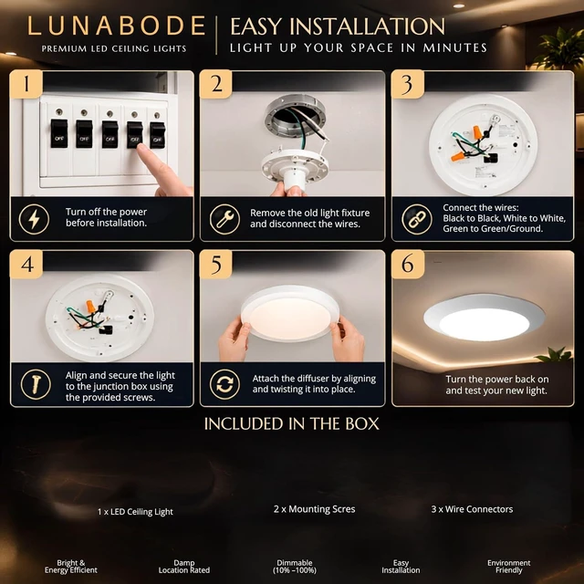 Alt view image 7 of 7 - 7.5 Inch Flush Mount Ceiling Light Fixture (6 Pack) - 16.5W, 1500Lm, 120V, 6000K Modern Kitchen Recessed Ceiling Lamp | Wet Location Dimmable LED Light | ETL, 4/6" J-Box