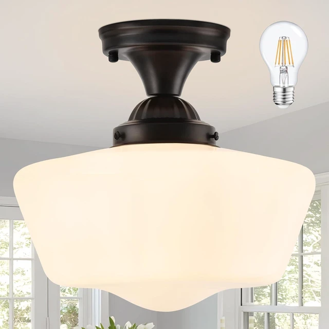 Main image of Schoolhouse Light Fixture, 12'' Mid Century, Milk Glass, Semi Flush Mount Ceiling Light for Bedroom Kitchen, Black, Incl. LED Bulb