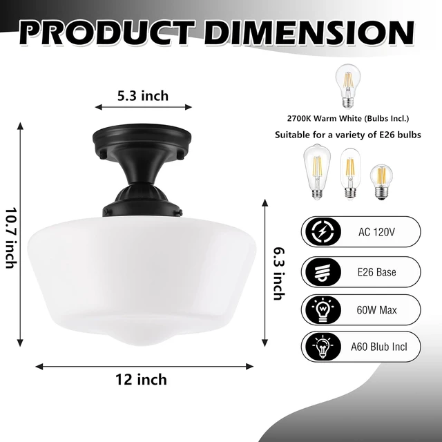 Alt view image 4 of 7 - Schoolhouse Light Fixture, 12'' Mid Century, Milk Glass, Semi Flush Mount Ceiling Light for Bedroom Kitchen, Black, Incl. LED Bulb