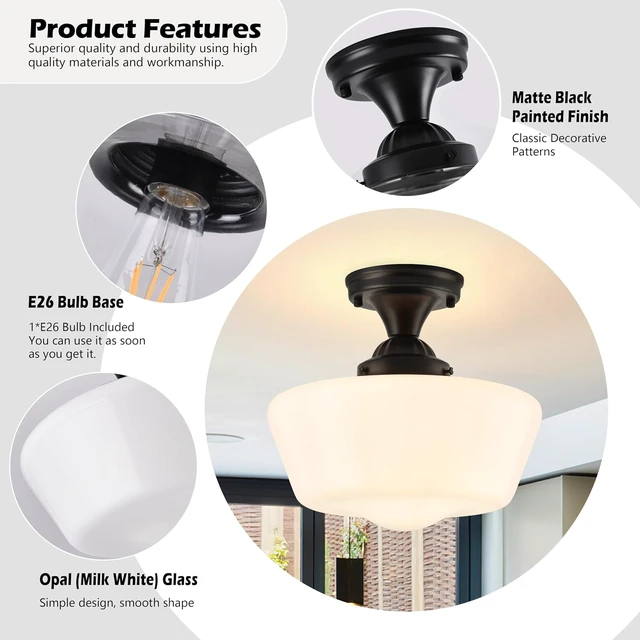 Alt view image 5 of 7 - Schoolhouse Light Fixture, 12'' Mid Century, Milk Glass, Semi Flush Mount Ceiling Light for Bedroom Kitchen, Black, Incl. LED Bulb