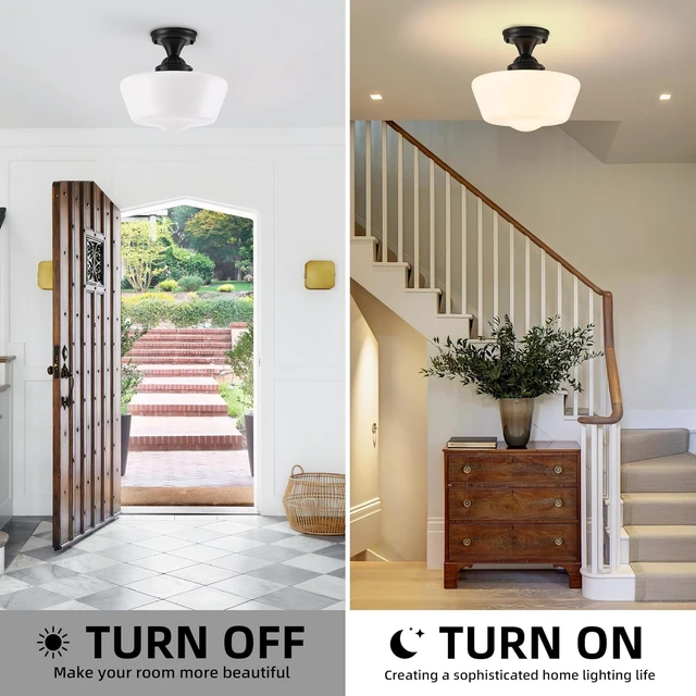 Alt view image 6 of 7 - Schoolhouse Light Fixture, 12'' Mid Century, Milk Glass, Semi Flush Mount Ceiling Light for Bedroom Kitchen, Black, Incl. LED Bulb