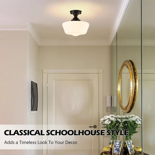 Alt view image 7 of 7 - Schoolhouse Light Fixture, 12'' Mid Century, Milk Glass, Semi Flush Mount Ceiling Light for Bedroom Kitchen, Black, Incl. LED Bulb
