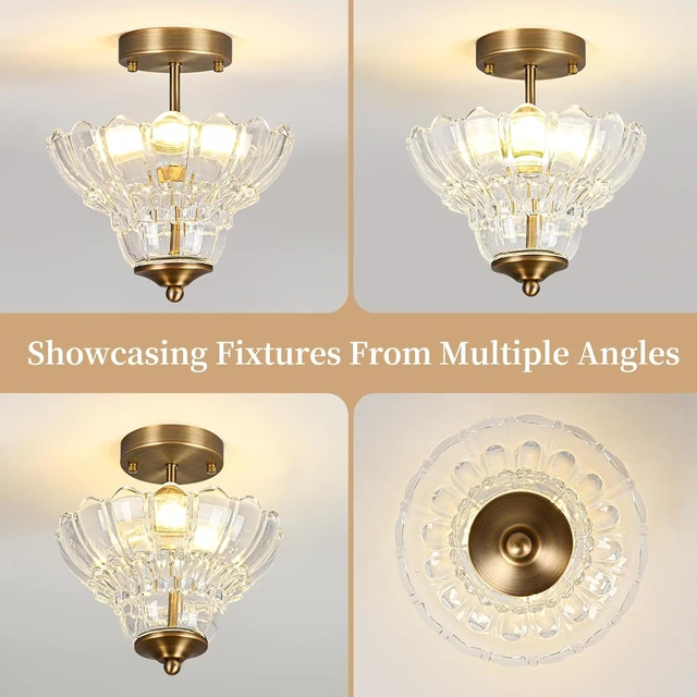 Alt view image 2 of 7 - Antique Brass Finish Semi Flush Mount Light with Floral Class Shade, Vintage Close-to-Ceiling Fixture for Bedroom,Living Room, Kitchen, Hallway