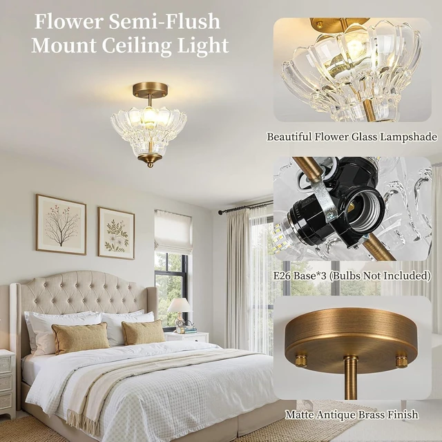 Alt view image 3 of 7 - Antique Brass Finish Semi Flush Mount Light with Floral Class Shade, Vintage Close-to-Ceiling Fixture for Bedroom,Living Room, Kitchen, Hallway