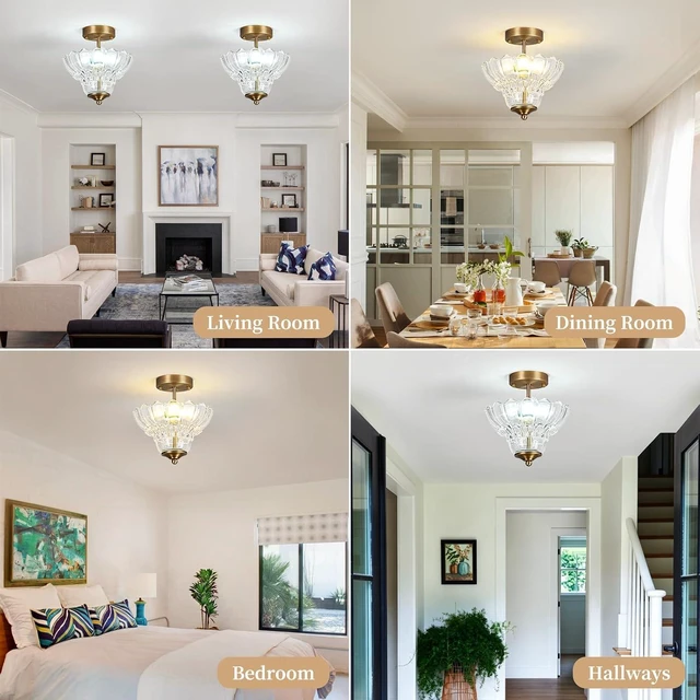 Alt view image 4 of 7 - Antique Brass Finish Semi Flush Mount Light with Floral Class Shade, Vintage Close-to-Ceiling Fixture for Bedroom,Living Room, Kitchen, Hallway