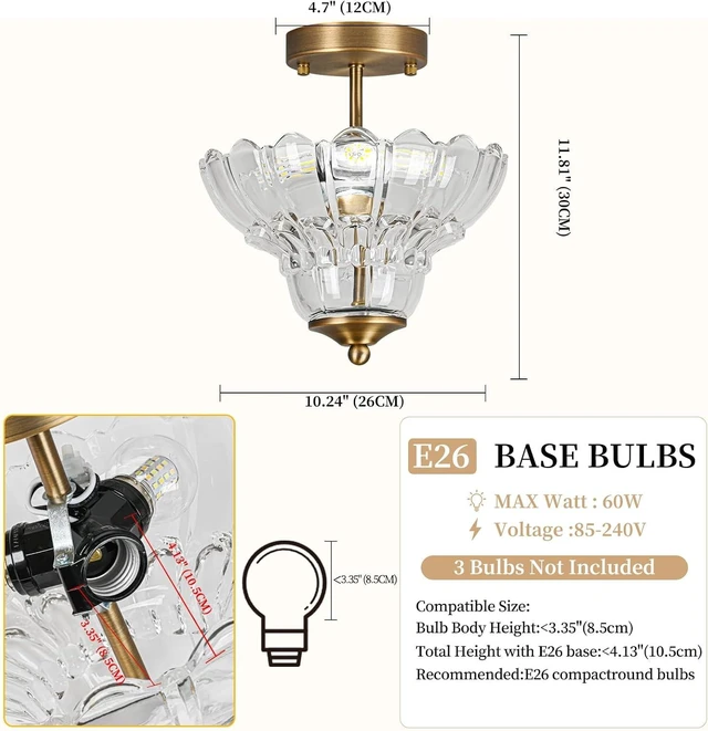 Alt view image 5 of 7 - Antique Brass Finish Semi Flush Mount Light with Floral Class Shade, Vintage Close-to-Ceiling Fixture for Bedroom,Living Room, Kitchen, Hallway