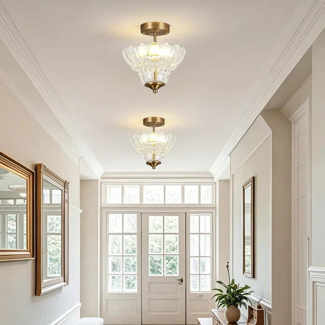Alt view image 6 of 7 - Antique Brass Finish Semi Flush Mount Light with Floral Class Shade, Vintage Close-to-Ceiling Fixture for Bedroom,Living Room, Kitchen, Hallway