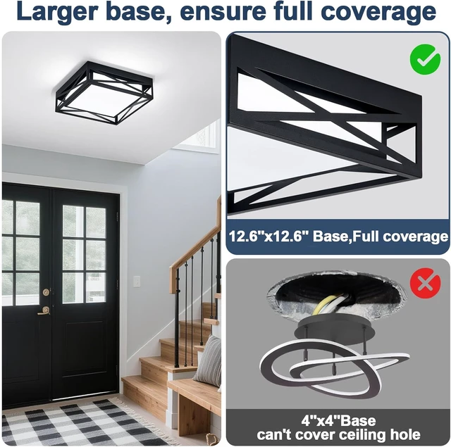 Alt view image 4 of 7 - Modern LED Ceiling Light Fixture, 6000K Square LED Flush Mount Hallway Light Fixtures, Farmhouse Black Close to Ceiling Light for Hallway Bedroom Balcony Porch Stairway(Square, 12.6INCH)