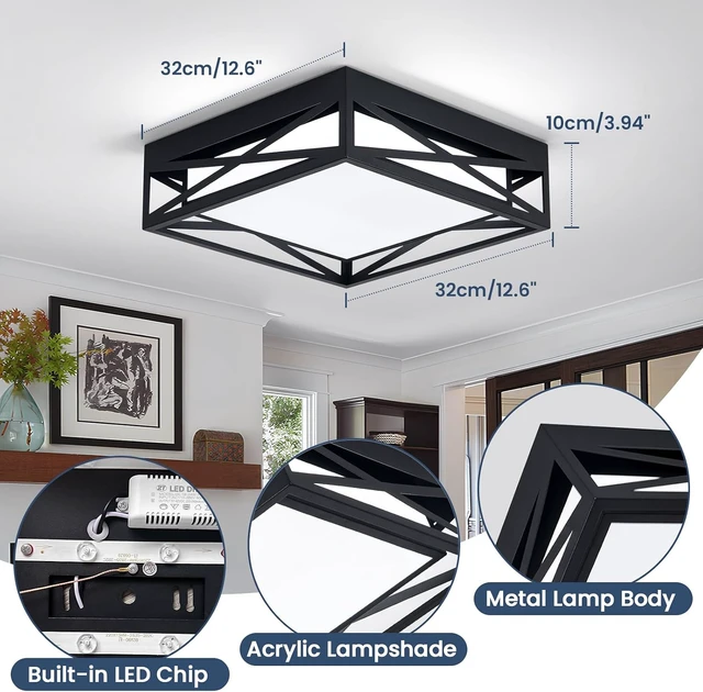 Alt view image 6 of 7 - Modern LED Ceiling Light Fixture, 6000K Square LED Flush Mount Hallway Light Fixtures, Farmhouse Black Close to Ceiling Light for Hallway Bedroom Balcony Porch Stairway(Square, 12.6INCH)
